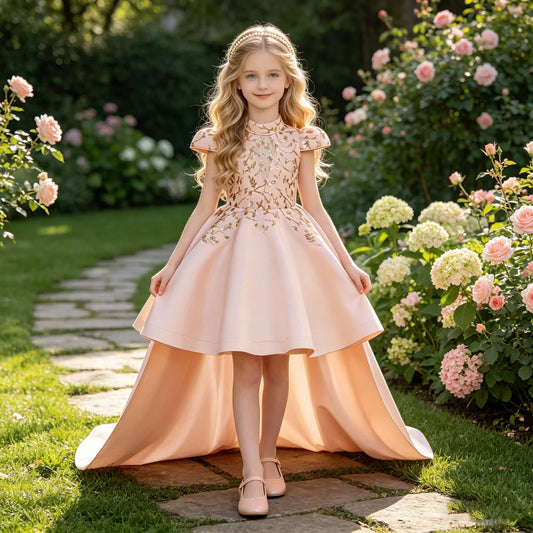 Vestido Elegante de Festa com Flor Grande para Meninas Vestido de Noiva de Verão com Cauda Dama de Honra Princesa para Aniversário Concurso Baile de Formatura Trajes
