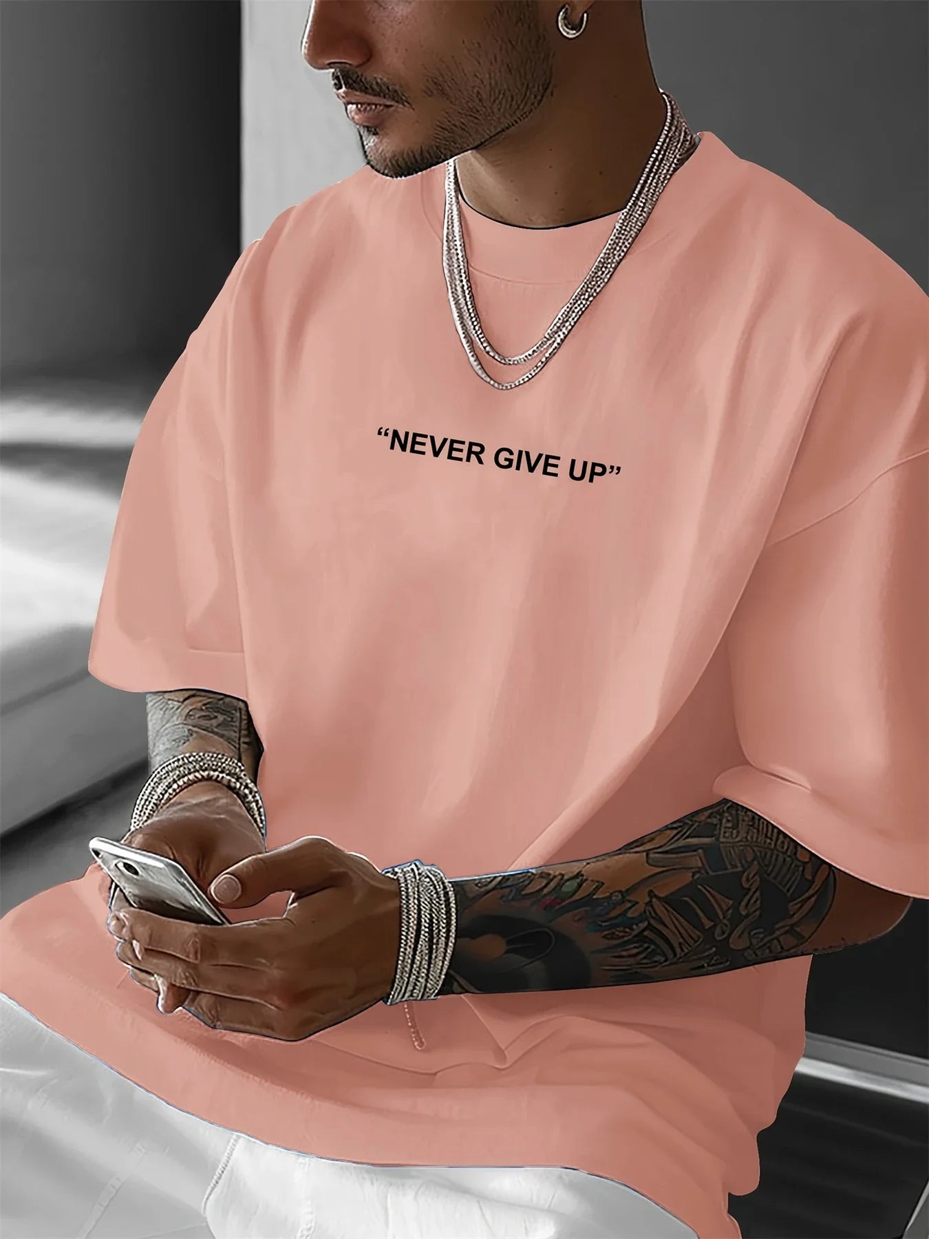 Men's summer 100 cotton fashionable casual loose plus size never give up graphic printed sports round neck short sleeved T-shirt