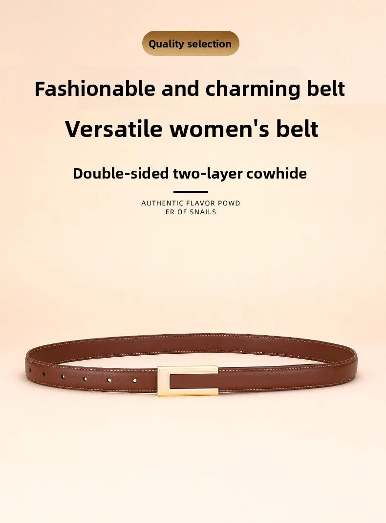 Genuine leather belt for women; cowhide fashion waist belt; versatile smooth buckle; 2025 dress decoration belt for