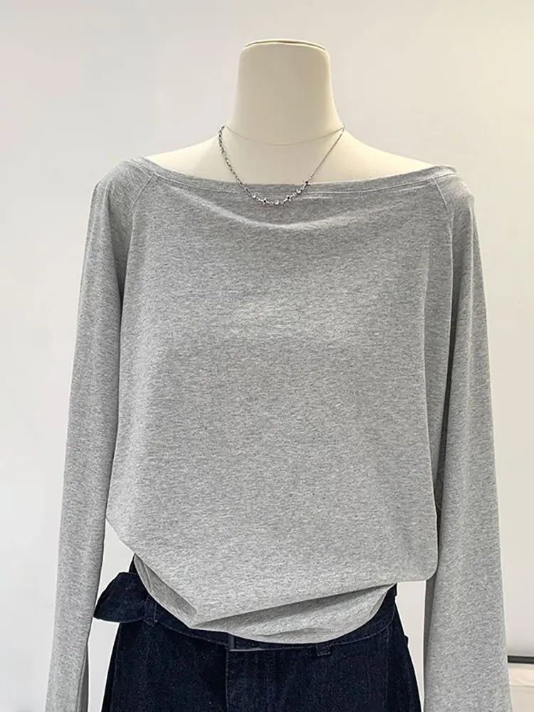 Off the shoulder Long sleeve T shirt Women Spring Autumn Loose Sexy One Shoulder Top Lady Casual Basic Tees School Preppy Blouse