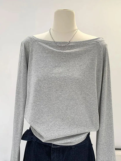 Oversize Off shoulder Long sleeve T shirt Women Solid color Casual Tops Lady Spring Autumn Basic Tees Korean style Youth Blouses