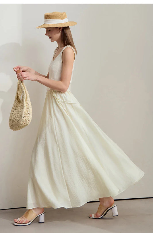 Minimalist New Summer Knee Length A-line Skirt Women Adjustable Drawstring Solid Color Commuting Style Loose Skirt 12522025