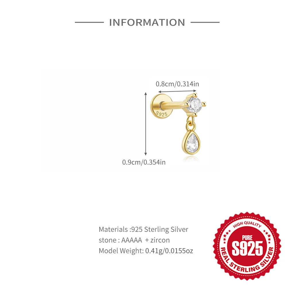 1PC Four Pointed Star Moon Tassel Lotus Cartilage Spiral Puncture 925 Sterling Silver Stud Earring For Women Ins Earring