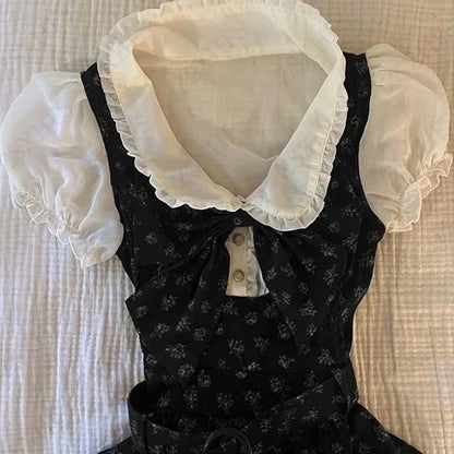 Sweet Gyaru Chic Dress y2k Summer Women's Clothing Floral Puff Sleeve Girdling Waist Lady Gowns Lace Up Ruffled Graceful Dresses