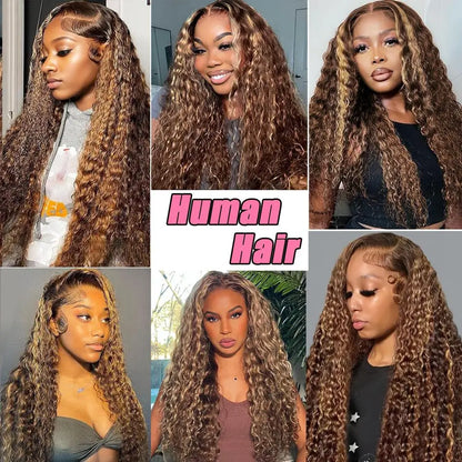 30 Inch Curly Highlight Ombre Lace Front Wig Human Hair Wigs Colored Deep Wave 13X6 Hd Lace Frontal Wig Pre Plucked 250 Density