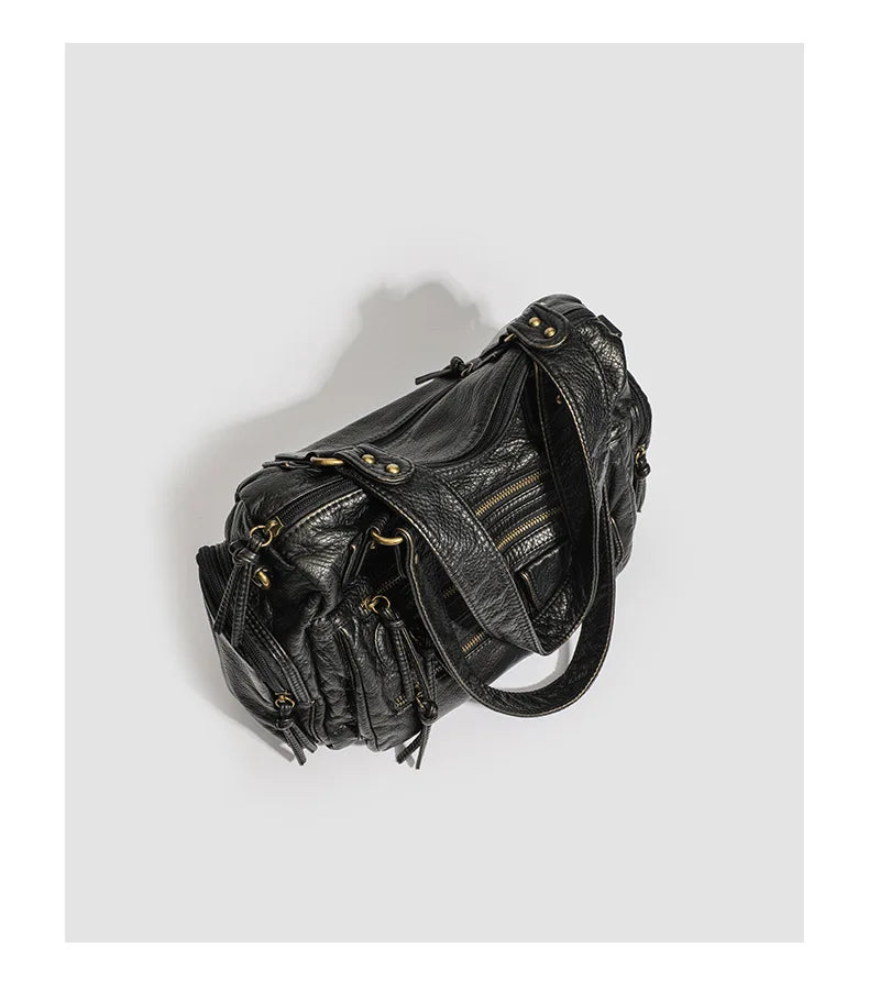 Y2K Hot Women's Punk Biker Tote Bag Large Capacity PU Leather Crossbody Purse with Multi Pockets for Work Commute Moto Style