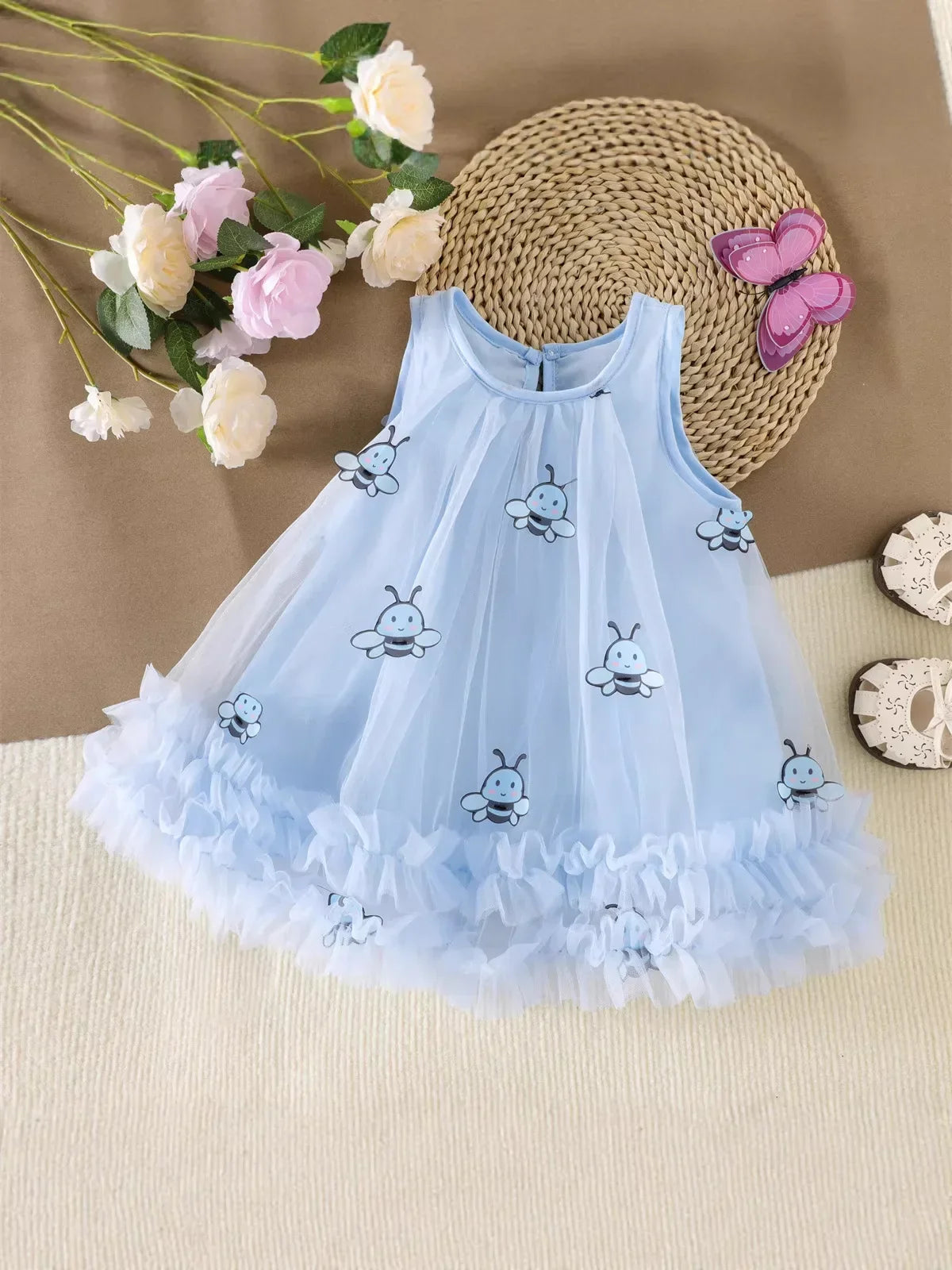 2026 Summer 12M-5Y Childrens Clothes Cute Bee Print Girls Dress with Tulle Skirt Sleeves Fluffy Dress for Girls