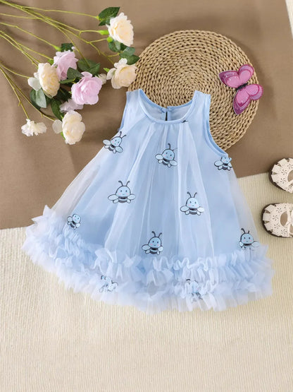 2026 Summer 12M-5Y Childrens Clothes Cute Bee Print Girls Dress with Tulle Skirt Sleeves Fluffy Dress for Girls
