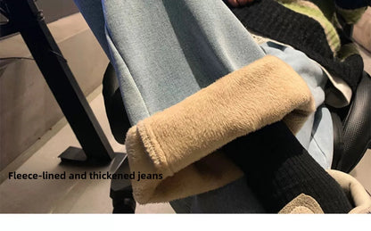 Thiened Fce Dstring Jeans Women's Winter New Sle Warm Straight Leg Loose Wide Leg High Waist Jeans Cotton Stretch D...