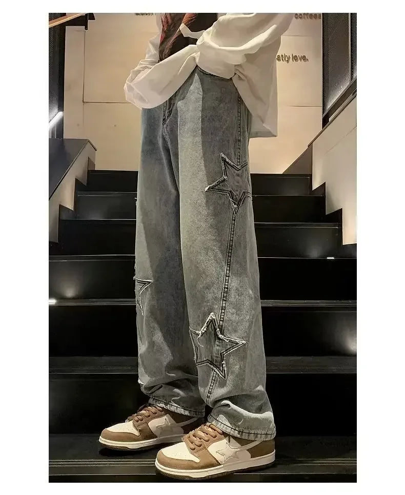 Star Embroidered Straight Casual Men's Jeans Y2K Gothic Unisex New Wide-leg Loose, Comfortable Fashionable Youth Street Jeans