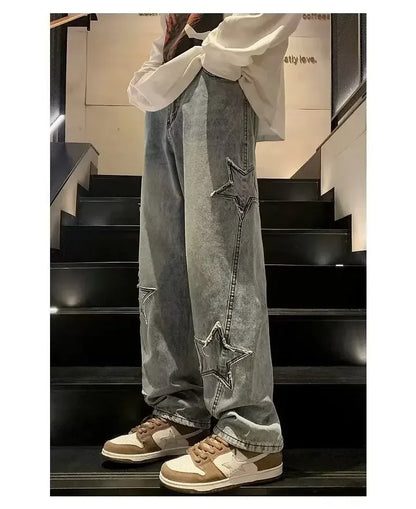 Star Embroidered Straight Casual Men's Jeans Y2K Gothic Unisex New Wide-leg Loose, Comfortable Fashionable Youth Street Jeans