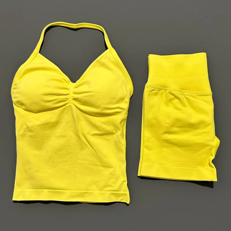 No Logo 2 Pies Sports Set Women Backless Tank Yoga Tops High Waist Scrunch Seamless Shorts Sport Gym Set Sportswear Workout Set