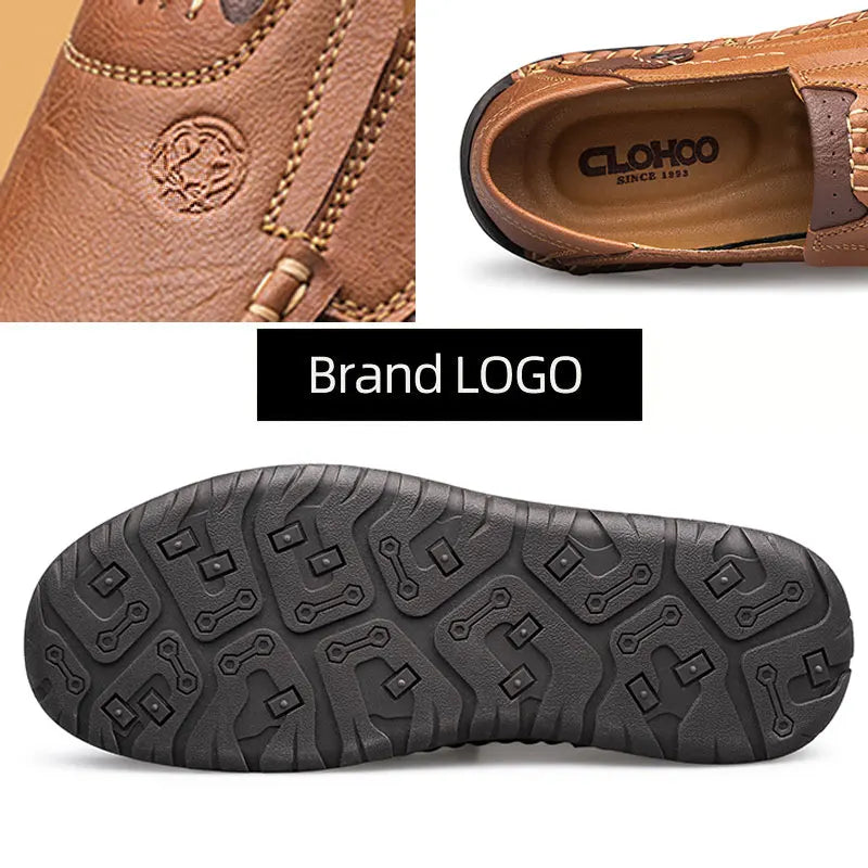 Men's Handmade Thick Rubber Bottom Breathable Casual Leather Shoes Classic Sewn Loafers Comfortable Leisure Footwear