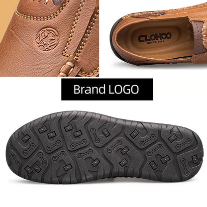 Men's Handmade Thick Rubber Bottom Breathable Casual Leather Shoes Classic Sewn Loafers Comfortable Leisure Footwear