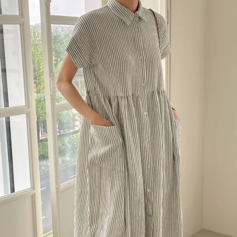Summer Vintage Striped Single Breasted Women's Shirt Dresses 2024 New Korean Casual Straight Dress Pockets Female