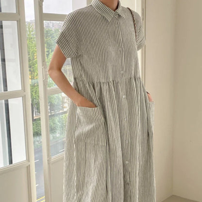 Summer Vintage Striped Single Breasted Women's Shirt Dresses 2024 New Korean Casual Straight Dress Pockets Female
