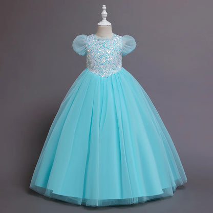 Girls Dress Color Mesh Dress Long Sequin Children's Skirt Girls Piano Host Costumes#323
