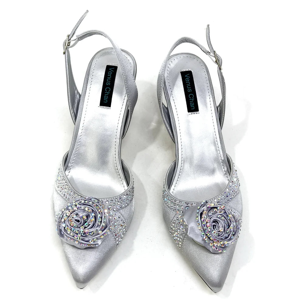 Newest Arrival Fashion Shoes Matching Bag Set in Rose Blossoms Decorated with Rhineston For Ladies Wedding Party