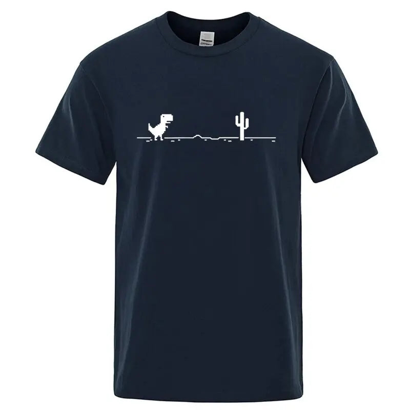 Camiseta Masculina de Alta Qualidade 100% Algodão com Estampa Divertida de Dinossauro Gola Careca Solta Verão Fresca Masculina Manga Curta Camiseta Masculina Top