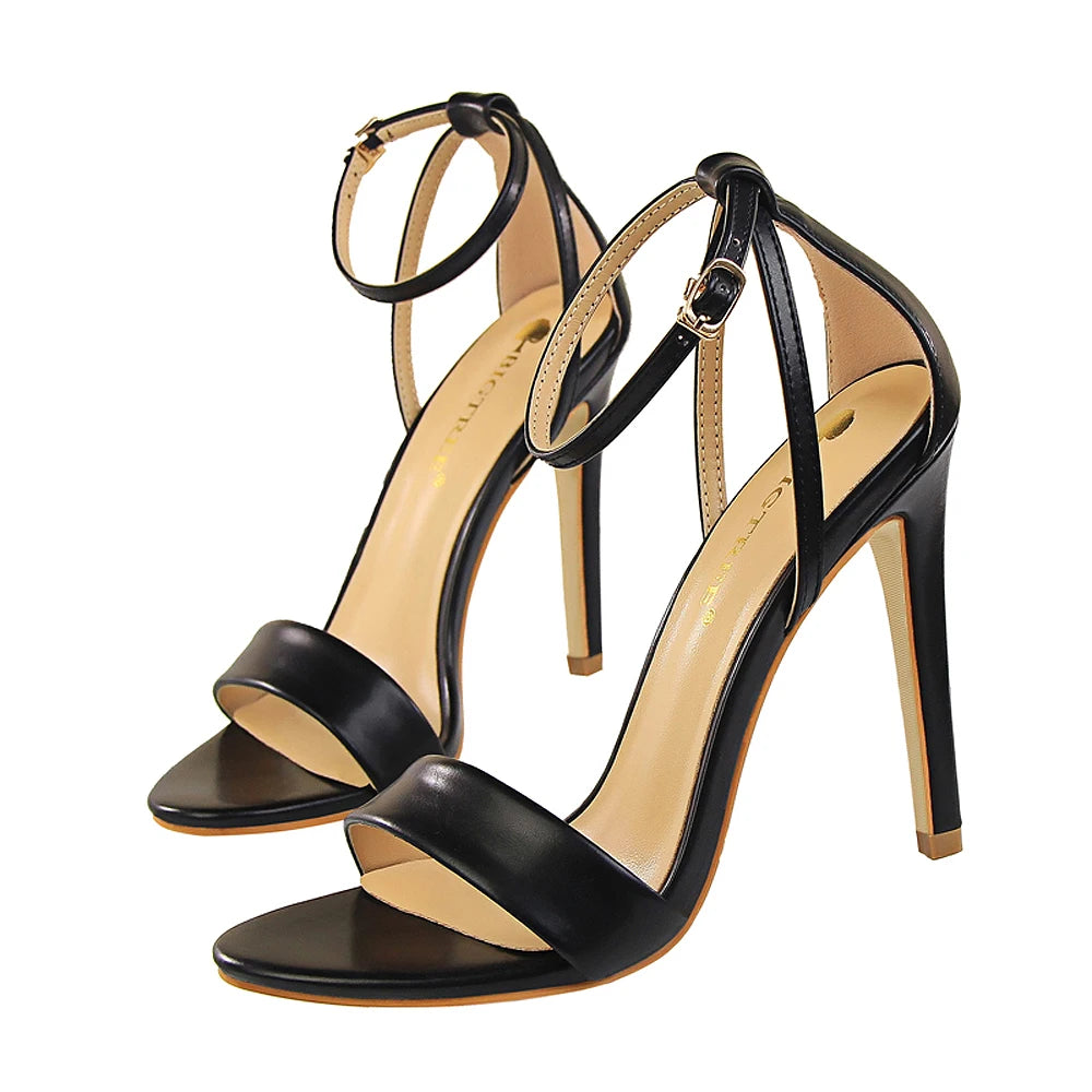 Women Black-White Concise Leather 11cm High Heels Sandals Lady Adjustable Ankle Buckle Shoes Female Fashion Party Dress Shoes
