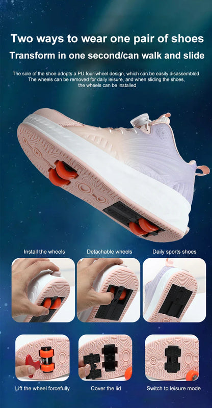 New Glow-in-the-dark Rotary Roller Skates Girls Invisible Four-wheel Retractable Walk-on Shoes Boy for Students Sizes 29-41