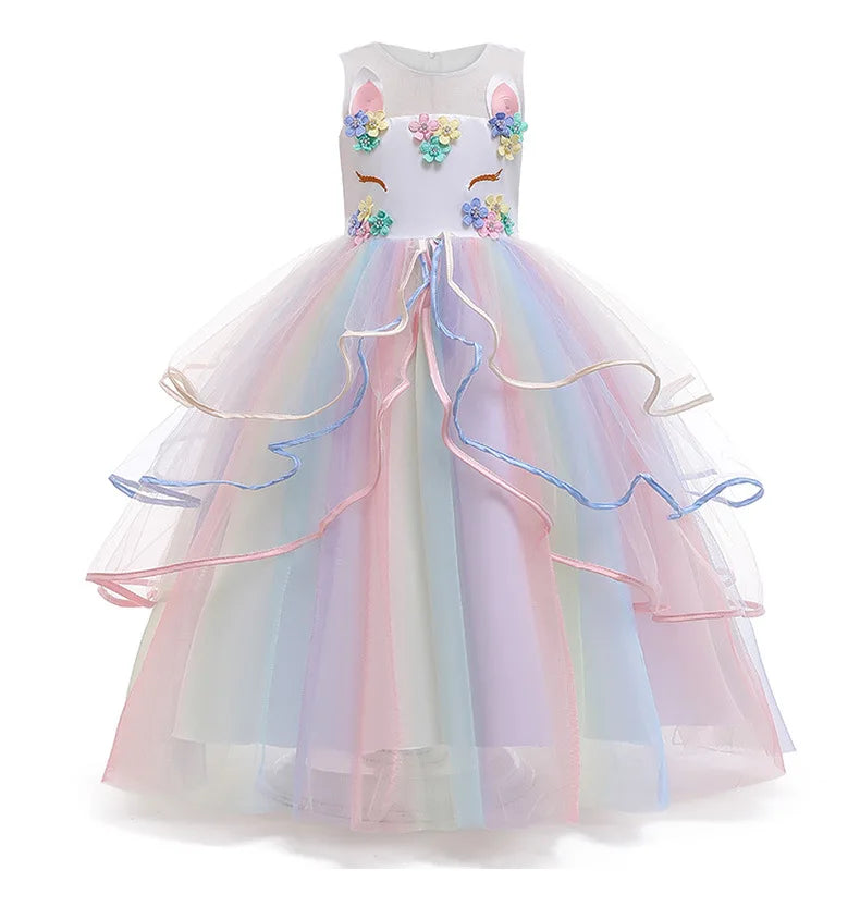 Girls Fantasy Unicorn Long Dress Rainbow Princess Girls Birthday Party Dress Children Kids Carnival Prom Gown for teen 3-12years