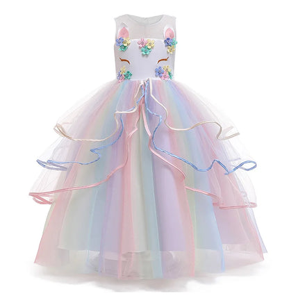 Girls Fantasy Unicorn Long Dress Rainbow Princess Girls Birthday Party Dress Children Kids Carnival Prom Gown for teen 3-12years
