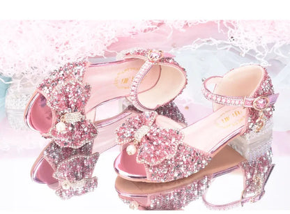 2025 Summer Girls' Princess Shoes Fashion Sequin Bow Soft Bottom Children's Sandals Girls' Performance Pearl Crystal High Heels