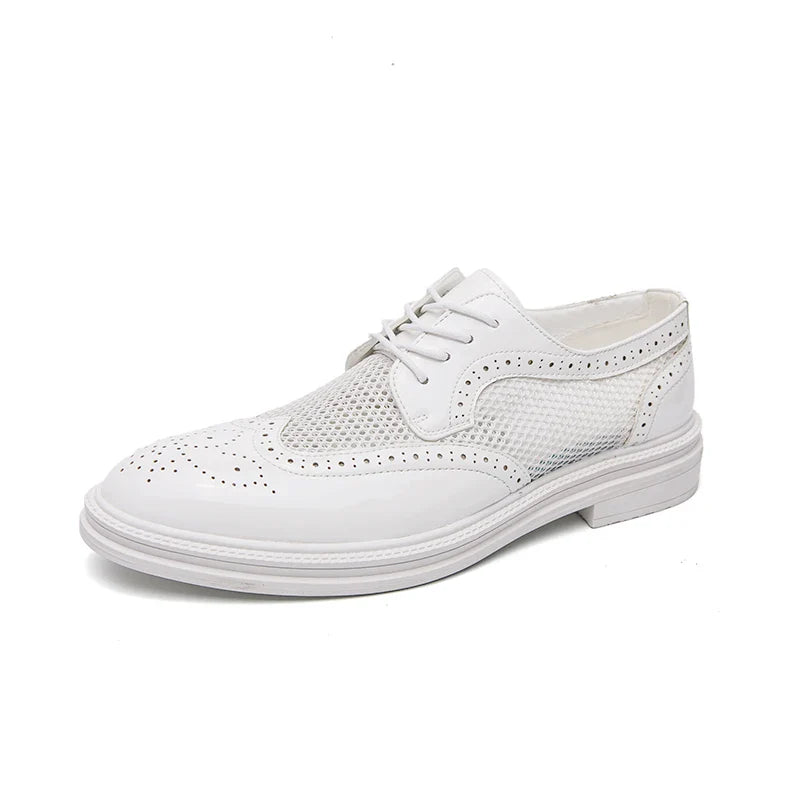 Fashion Derby Leather Men Shoes Summer Breathable White Brogue Lace Up Solid Dress Shoes Business Casual Party Wedding Shoes Men