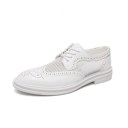 Fashion Derby Leather Men Shoes Summer Breathable White Brogue Lace Up Solid Dress Shoes Business Casual Party Wedding Shoes Men