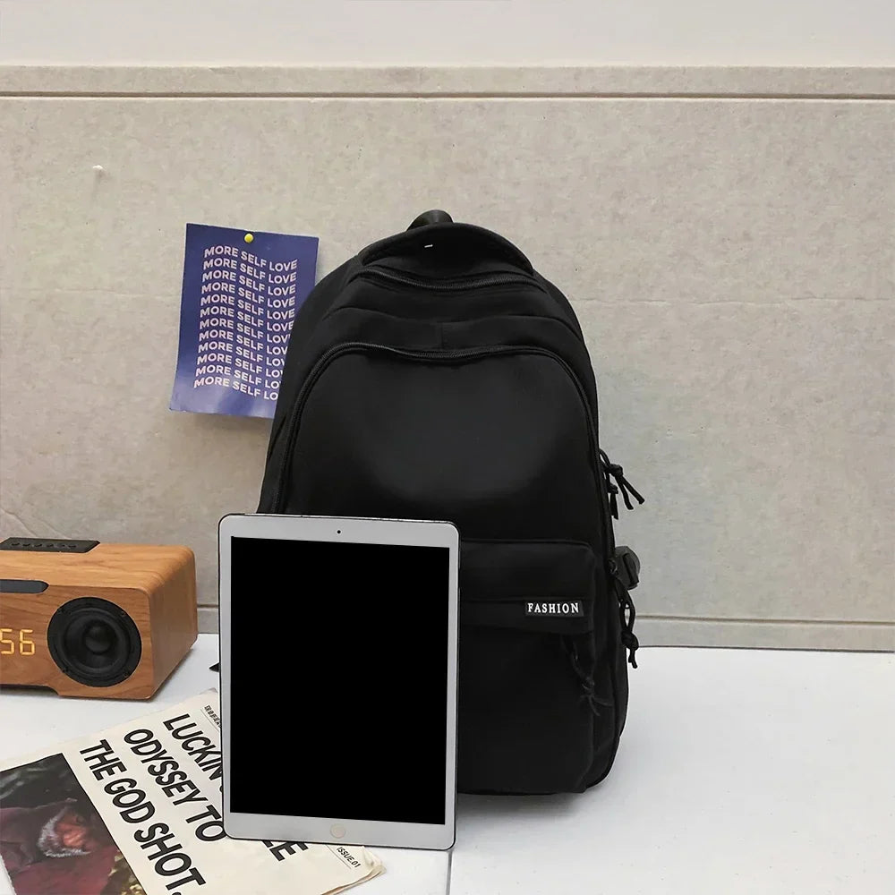 Large Capacity Solid Color Student Backpack Junior and high school simple black travel backpack