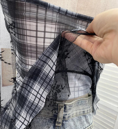 Y2K Plaid Camisole for Women Summer Casual Lace Scarf Breathable Stretch Mesh Patchwork Asymmetrical Ruffle Slim Tops