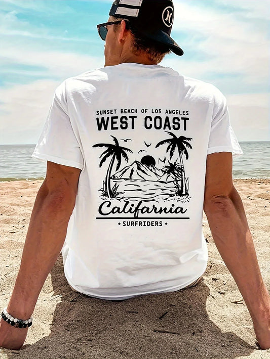Summer Hot Selling Men's 100% Cotton T-Shirt, Casual Loose Fit, Retro California Beach Surf Print Short Sleeve Crew Neck T-Shirt