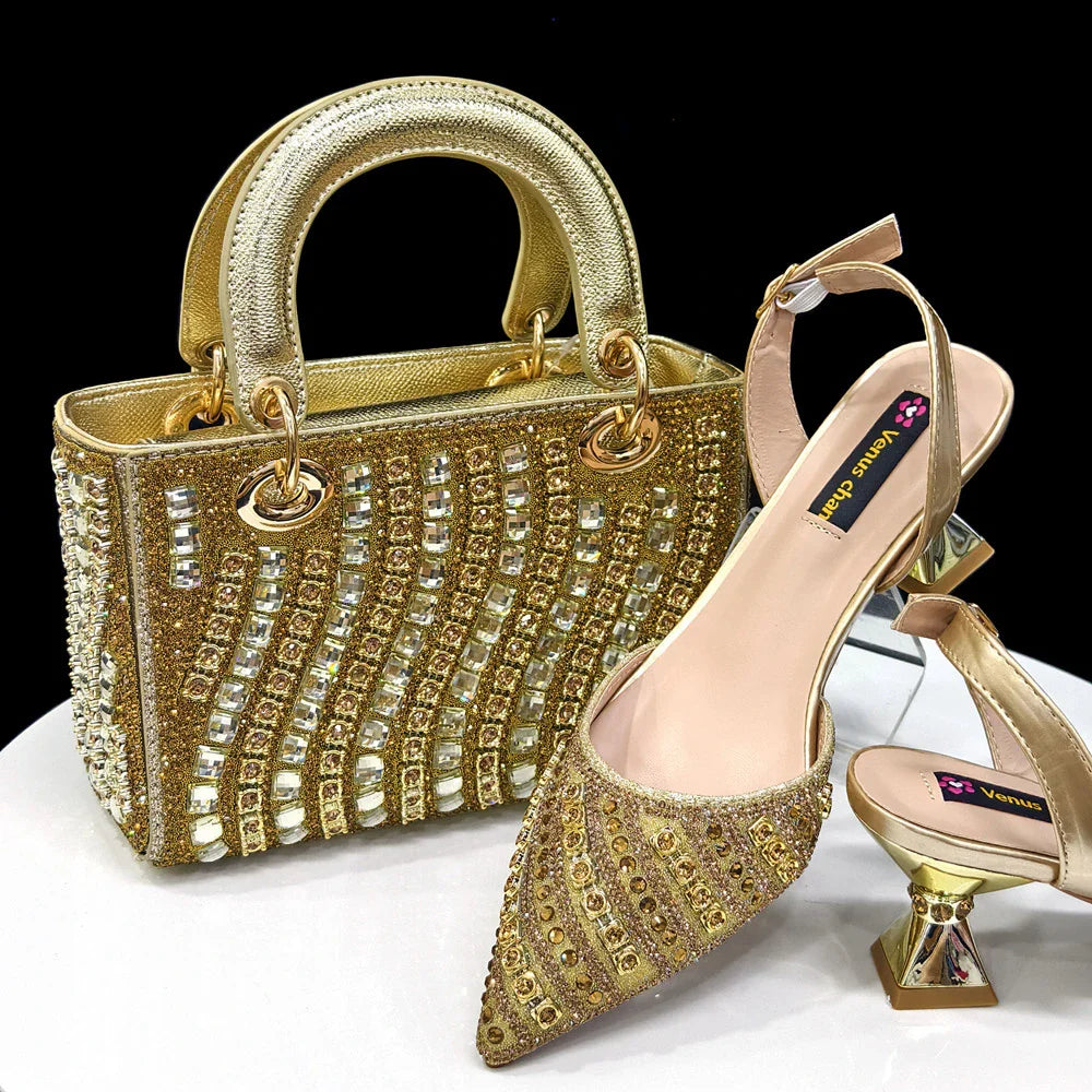 Women's Party Shoes & Bag Set – Elegant Golden Rhinestone Spring/Summer Sandals with Pointed High Heels