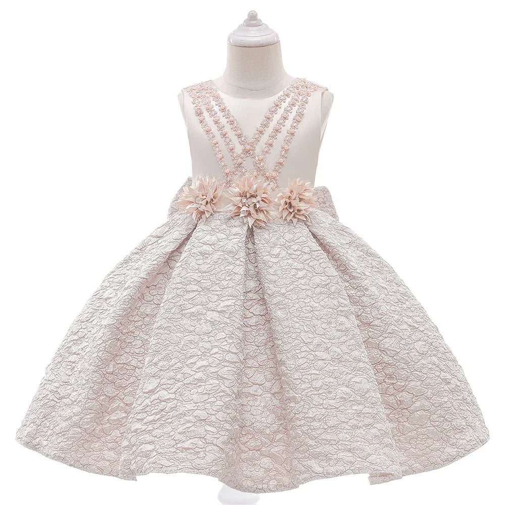 Vestido de festa infantil dourado de verão com laço para meninas Fantasia infantil elegante Flor Casamento Aniversário Vestidos de princesa Roupa de noite para meninas