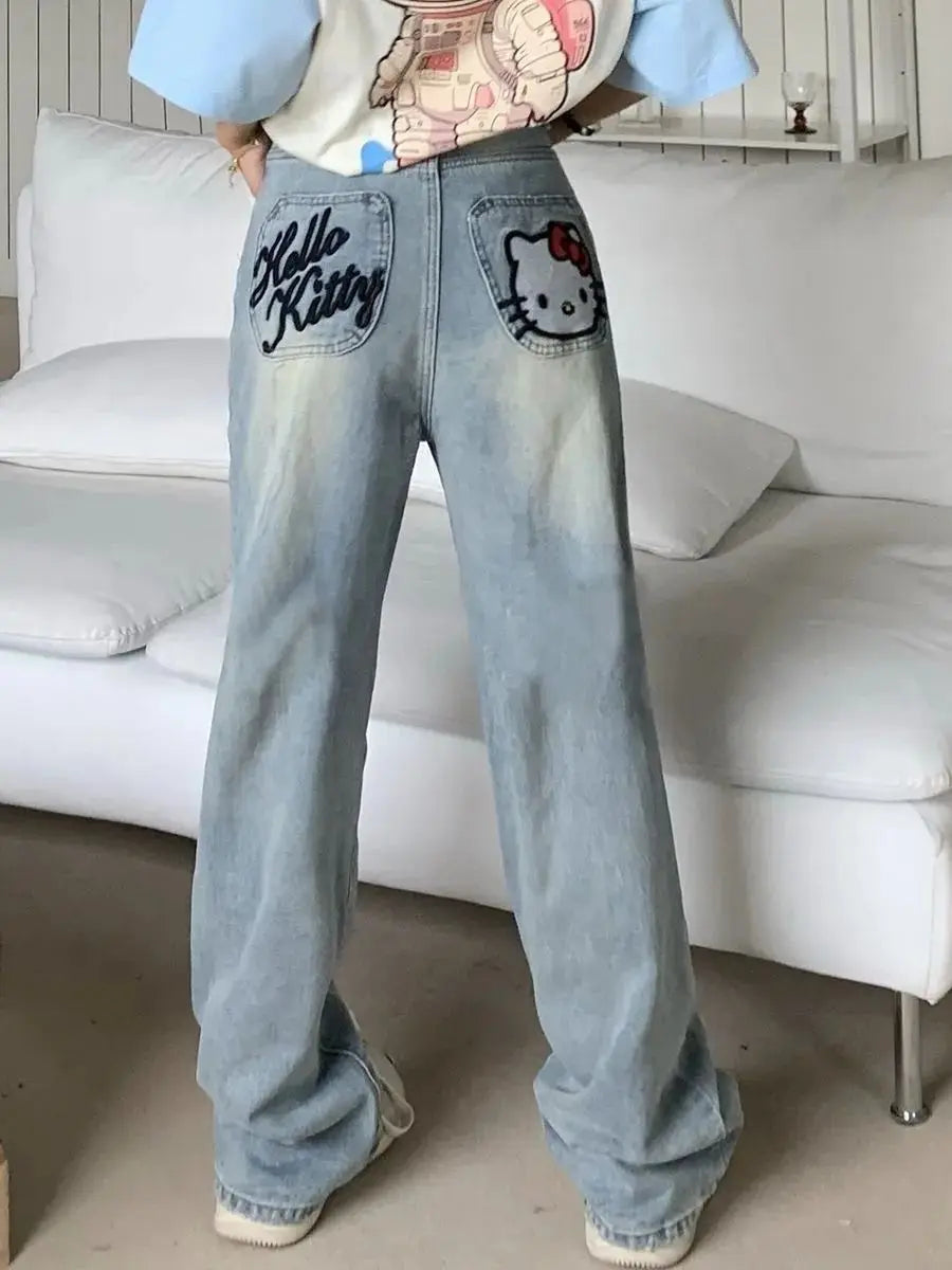 American Style Y2K Hello Kitty Denim Pants Sanrios Anime Girls Jeans Kawaii New Women Summer Cat Embroidered Slim Straight Pants
