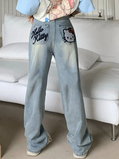 American Style Y2K Hello Kitty Denim Pants Sanrios Anime Girls Jeans Kawaii New Women Summer Cat Embroidered Slim Straight Pants