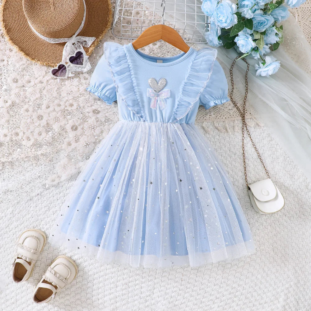 New Spring & Summer Toddler Girls' Blue Mesh Dress - Heart Bow & Star Sequins, Soft-Style Daily Princess Dress