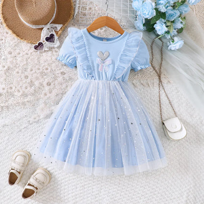 New Spring & Summer Toddler Girls' Blue Mesh Dress - Heart Bow & Star Sequins, Soft-Style Daily Princess Dress