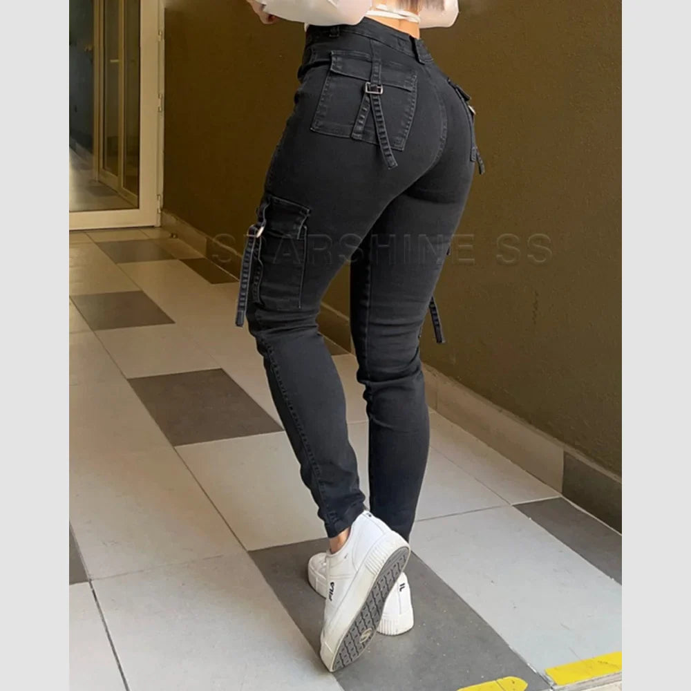 Women Clothing Skinny Jeans Casual Fashion Denim Pants Legging Pants High Waisted Trousers Y2k Streetwear Hip Lift Pocket Design