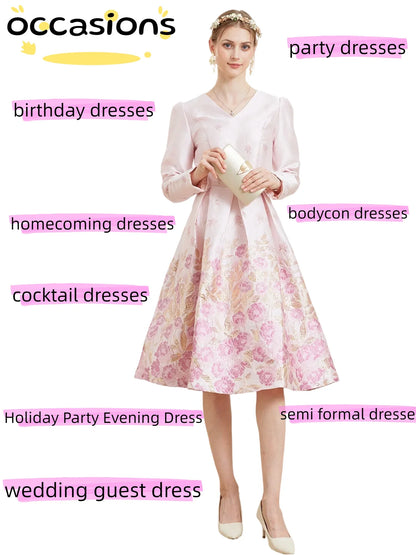 Fall/Winter Elegant French-style Romantic Pink Heavy Embroidery V-Neck Long-Sleeve Party Banquet Dress wedding guest dress