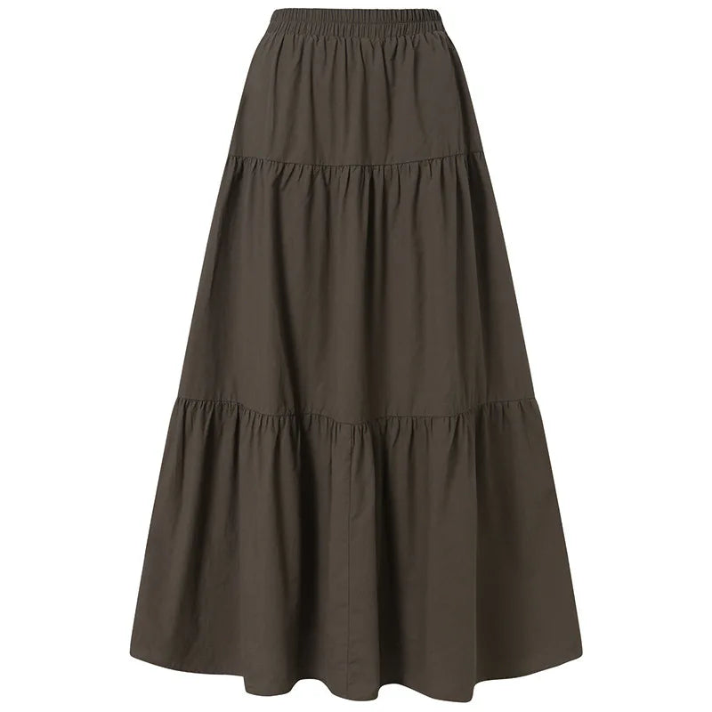 2025 Spring Summer Solid Skirts Vintage Women's Ruffle Sundress Casual Elastic Waist Long Vestidos Female Robe Femme Oversized