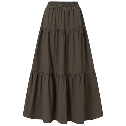 2025 Spring Summer Solid Skirts Vintage Women's Ruffle Sundress Casual Elastic Waist Long Vestidos Female Robe Femme Oversized