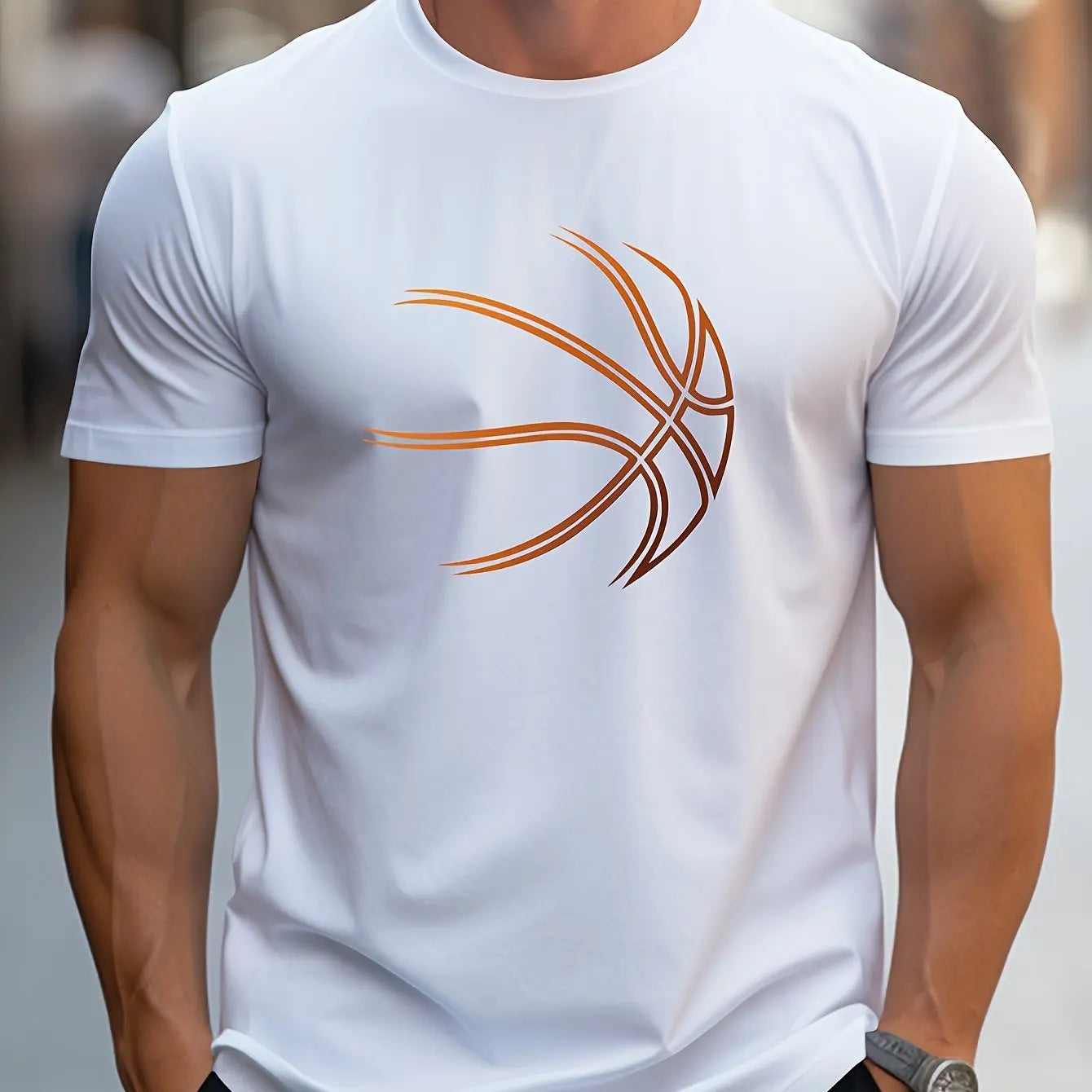 Summer men's 100% cotton comfortable casual loose oversized basketball pattern print sports round neck short sleeved T-shirt