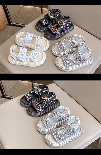 Summer Children's Sandals Sequins Thick Soled Girls Causal Princess Open-toe Sandals Fashion Non-slip Kids Beach Shoes Versatile