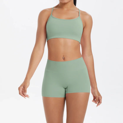 2PCS Yoga Clothes  Halter Yoga Top Set Fitness Gym Suit Crossover Back Sports Underwear Workout Gym Shorts Fitness High Waist