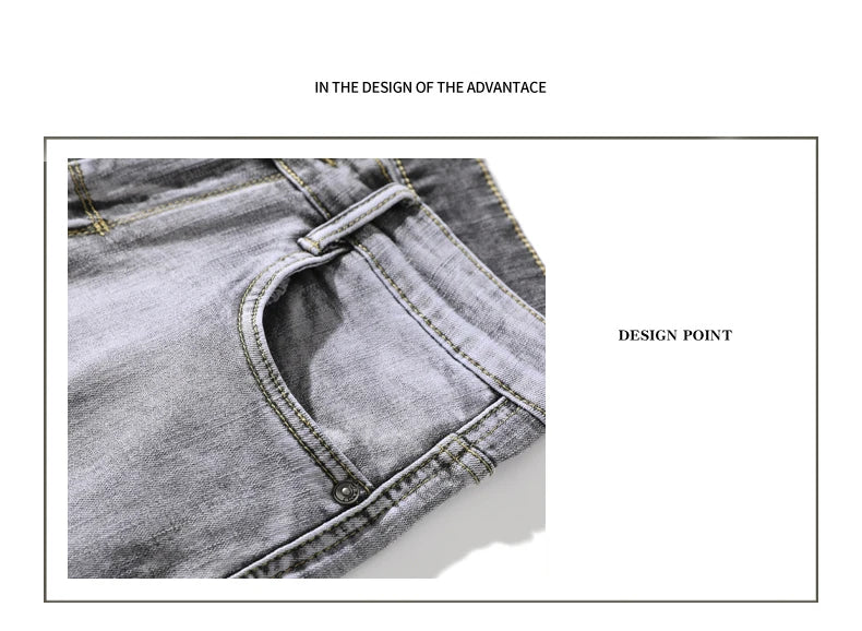 2022 Autumn Spring Fitted Straight Stretch Denim  Classic Style Badge Youth Men's Business Casual Jeans Trousers