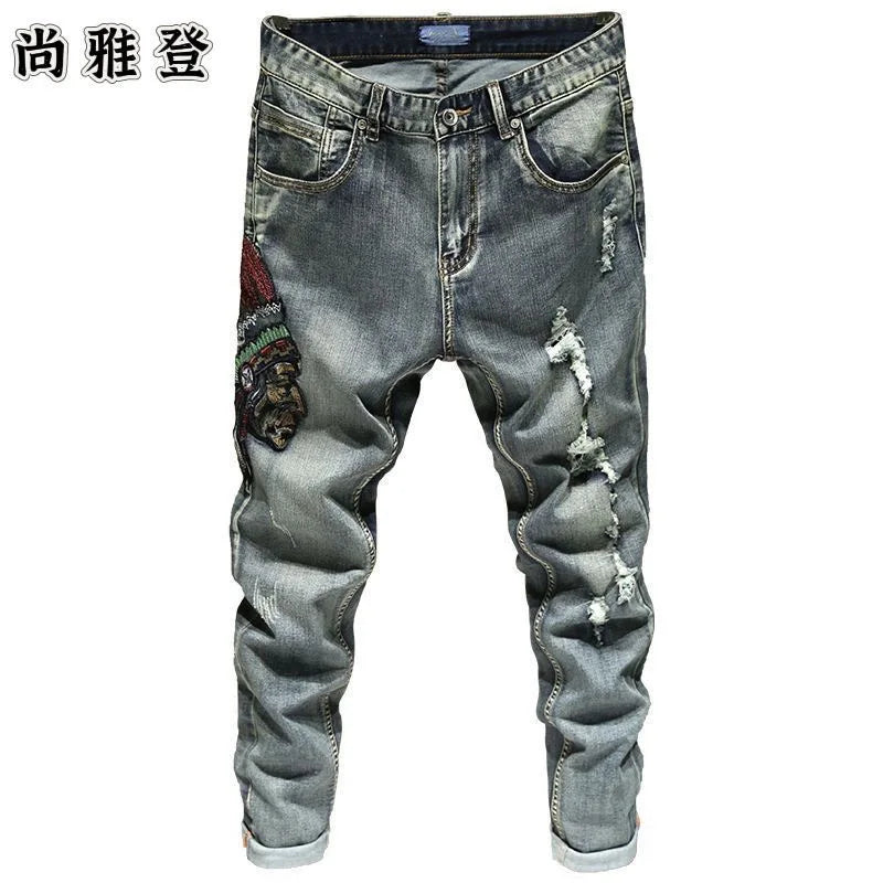 Spring and Autumn fashion trend printed straight-leg stretch denim jeans for men comfortable casual sports high-quality jeans