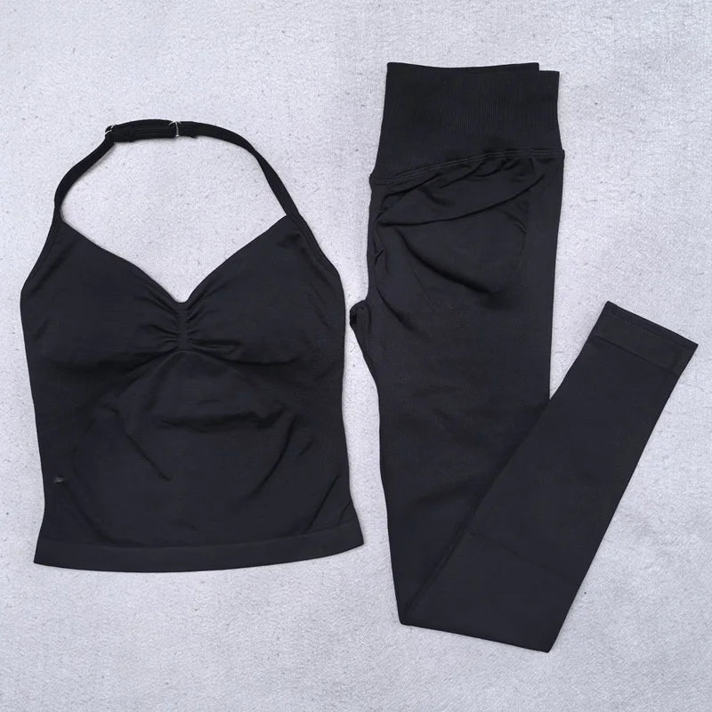 New Seamless Yoga Set Women Gym Clothing Scrunch Bum Legging Padded Tank Top Workout Outfits Fitness Sportswear Suits