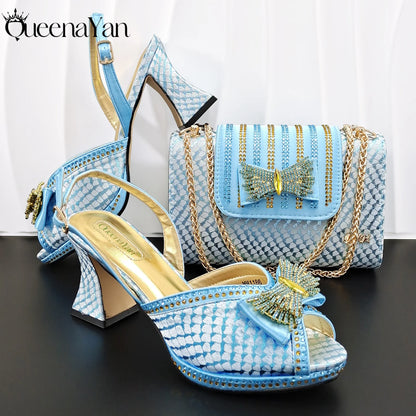 Sky Blue Color Party Peep Toe High Heels and Handbag  Set With Striped and Rhinestone Decoration Design